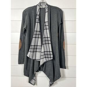 Eloges Womens Gray Plaid Elbow Patches Asymmetrical Open Front Cardigan Small